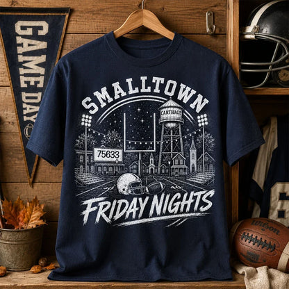Classic Tee, Personalized Stadium Lights and Town Skyline Keepsake, Unique Gift for American Football Fans