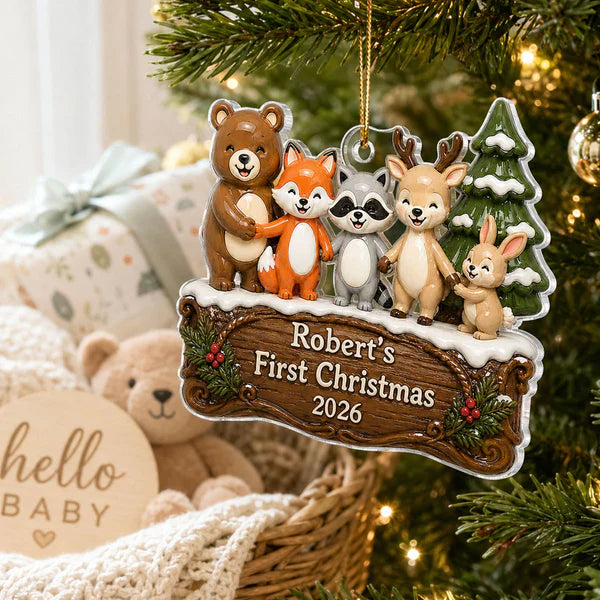 Personalized Acrylic Ornament, Woodland Animal First Christmas, Unique Creative Gift for New Parents