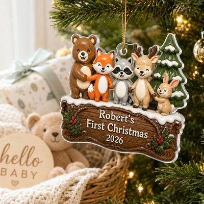 Personalized Acrylic Ornament, Woodland Animal First Christmas, Unique Creative Gift for New Parents