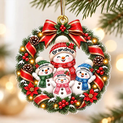 Grandma's Family Love Acrylic Ornament, Personalized Waving Snowman Wreath Keepsake, Creative Christmas Gift