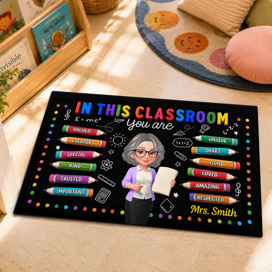 Personalized Standard Doormat, Smiling Teacher Classroom Art, Unique Gift For Teacher Entryway