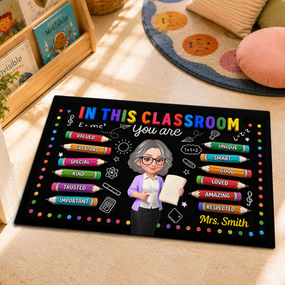 Personalized Standard Doormat, Smiling Teacher Classroom Art, Unique Gift For Teacher Entryway