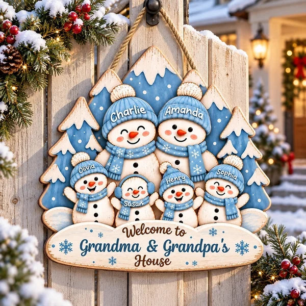 Personalized Wooden Sign, Waving Snowman Family in Blue Winter Forest, Unique Christmas Gift for Grandparents