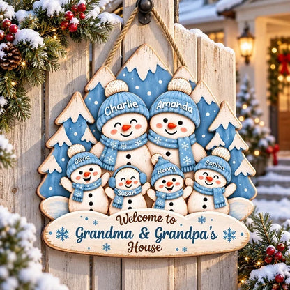 Personalized Wooden Sign, Waving Snowman Family in Blue Winter Forest, Unique Christmas Gift for Grandparents
