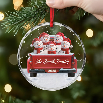 Personalized Crystal Ornament with Snowman Family in Red Truck, Festive Christmas Decor and Unique Family Gift