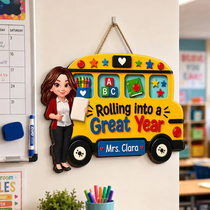 Personalized Teacher Wooden Sign With Yellow School Bus, Unique Back To School Gift For Classroom