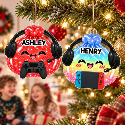 Personalized Acrylic Ornament, Cute Gamer Gift Bag with Headset on Christmas Tree, Unique Gift for Kids and Gamers