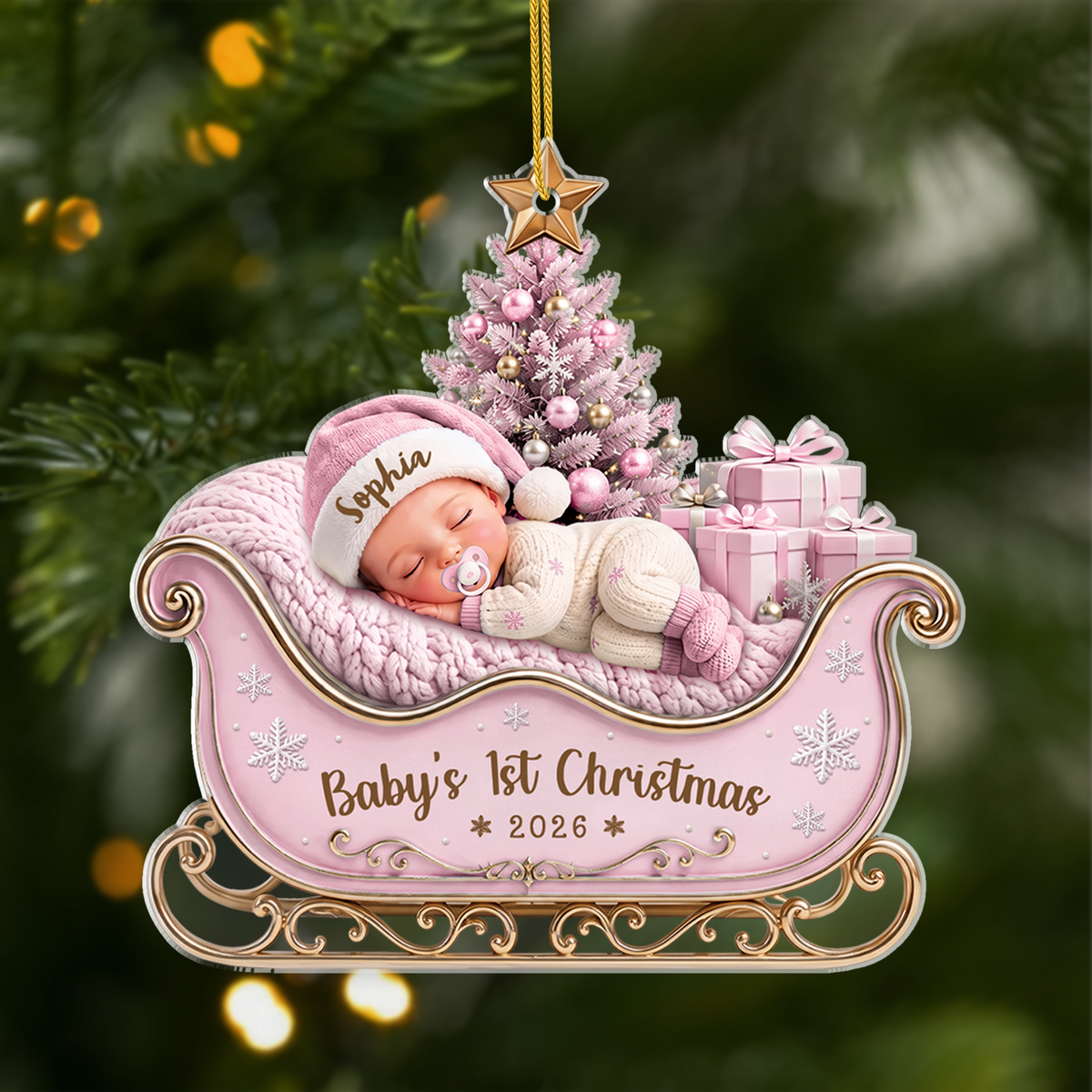 Personalized Acrylic Ornament, Sleeping Baby in Pink Sleigh, Baby's First Christmas Unique Gift