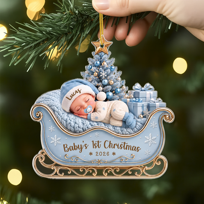 Personalized Acrylic Ornament, Sleeping Baby in Pink Sleigh, Baby's First Christmas Unique Gift
