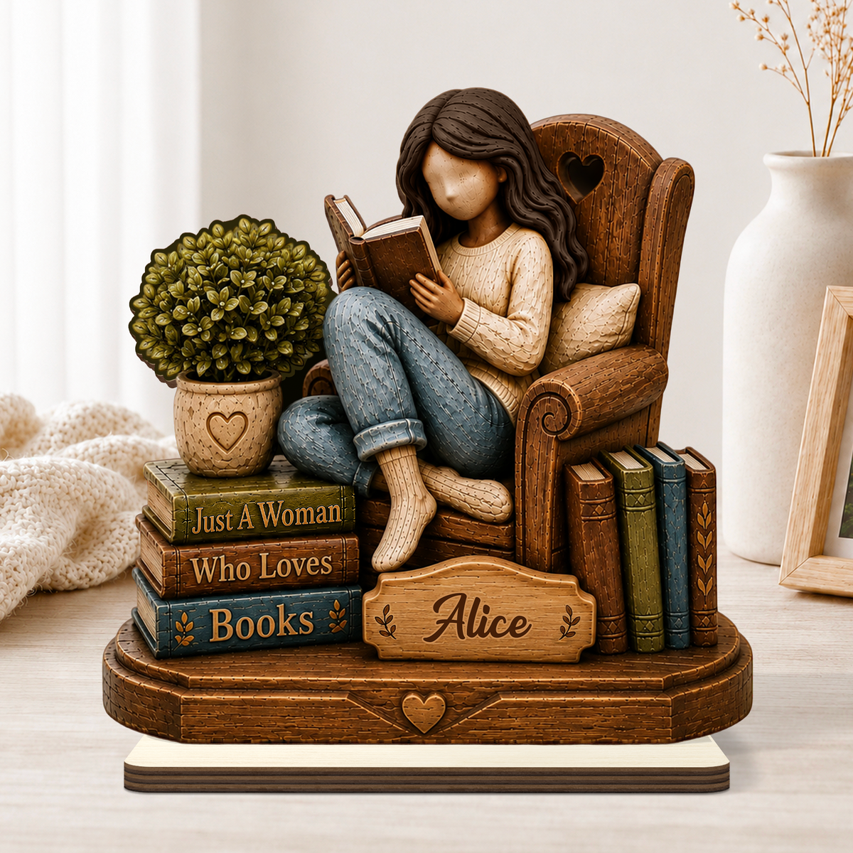 Personalized Just A Girl Who Loves Books 2-Layer Wooden Plaque, Warm Reading Nook, Creative Gift for Her
