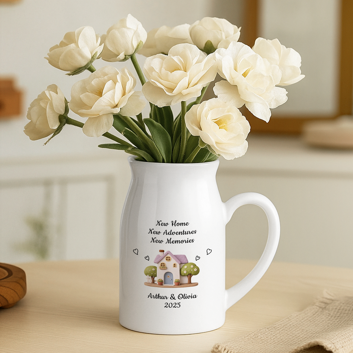 Personalized Handled Vase with Cottage Hearts Design, Creative Gift for Couples Starting a New Home