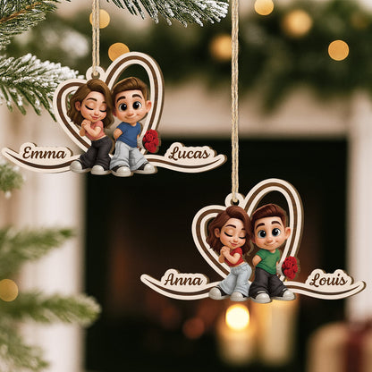 Custom Couple Wooden Ornament with Y2K Style Cartoon Art, Sweet Holiday Keepsake and Unique Romantic Gift