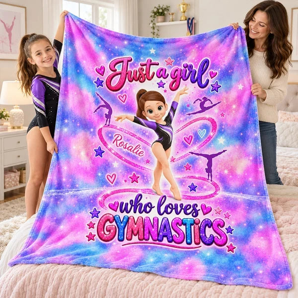 Personalized Fleece Blanket, Posing Cartoon Gymnast in Pink Galaxy Style, Unique Gift for Daughter