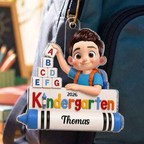 Personalized Acrylic Ornament, Colorful Kindergarten Child Holding Crayons, Unique Back to School Gift for Kids