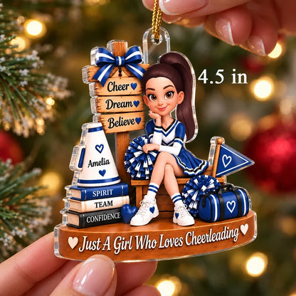 Personalized Acrylic Ornament, Seated Cheerleader with Pom-Poms, Unique Christmas Gift for Daughter
