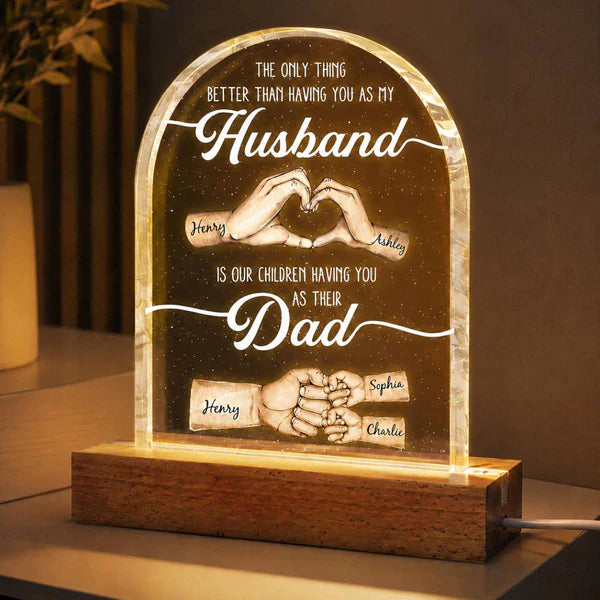 Personalized Block LED Light Plaque with Hand Heart Art, Unique Bedside Gift for Husband & Dad