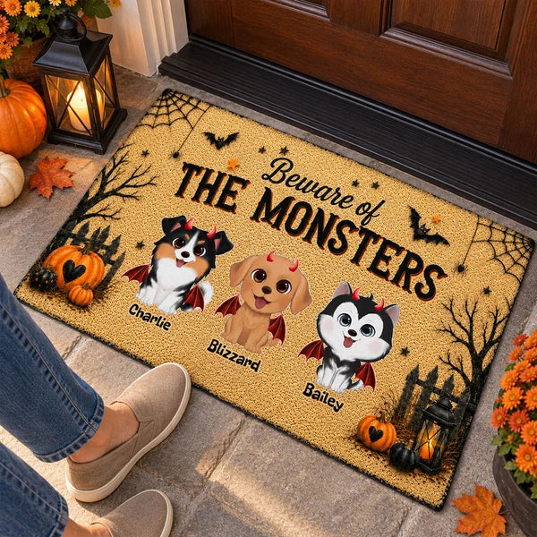 Personalized Standard Doormat, Playful Halloween Dogs and Pumpkins, Creative Gift for Pet Owners