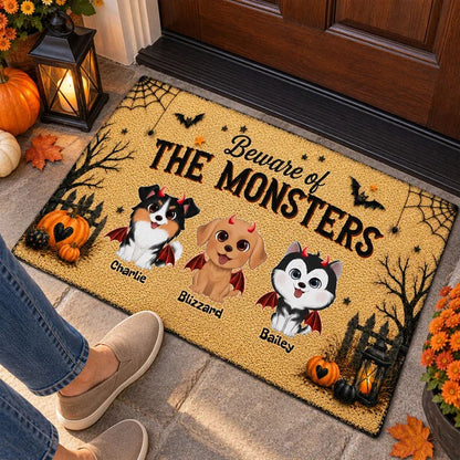 Personalized Standard Doormat, Playful Halloween Dogs and Pumpkins, Creative Gift for Pet Owners
