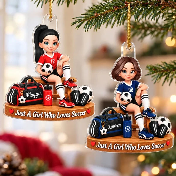 Personalized Acrylic Ornament, Seated Soccer Girl Holding a Ball, Unique Christmas Gift for Daughter