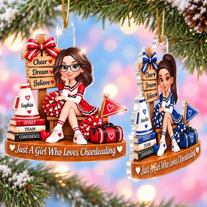 Personalized Acrylic Ornament, Seated Cheerleader with Pom-Poms, Unique Christmas Gift for Daughter