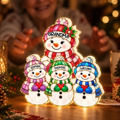 Personalized Acrylic Light Box, Festive Snowman Family With Warm Glow, Creative Keepsake Gift for Grandma