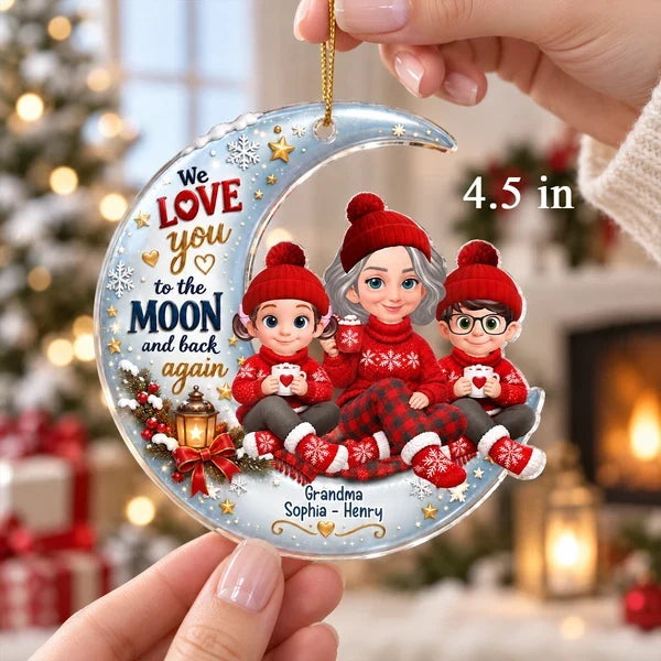 Personalized Acrylic Ornament, Grandma and Grandchild Sitting on Moon, Unique Christmas Gift for Grandma