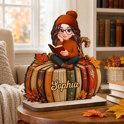 Personalized 2-Layer Wooden Plaque, Girl Reading On Pumpkin Books, Unique Gift For Book Lovers