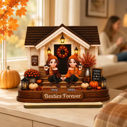 Personalized 2-Layer Wooden Plaque with Fall Porch Sisters, Unique Gift for Sister, Cozy Home Decor