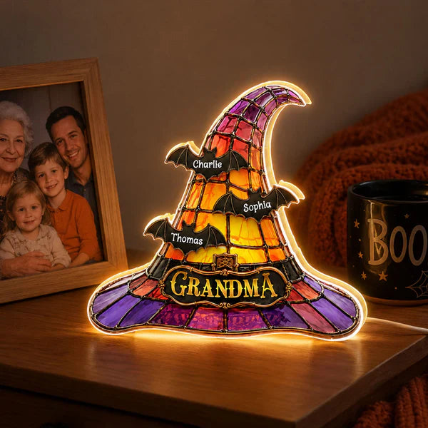 Personalized Acrylic Light Box, Witch Hat Halloween Decor, Unique Gift for Grandma with Warm Glow