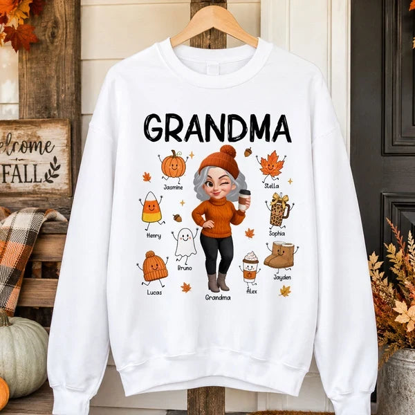 Personalized Classic Tee with Coffee-Holding Grandma and Grandkid Fall Doodles, Unique Autumn Gift for Grandma