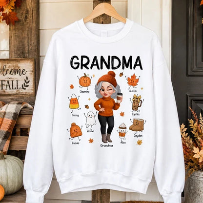 Personalized Classic Tee with Coffee-Holding Grandma and Grandkid Fall Doodles, Unique Autumn Gift for Grandma