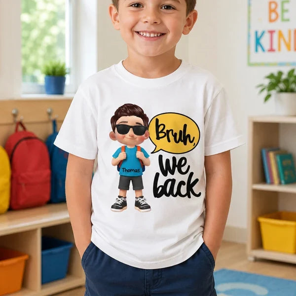 Personalized Youth Tee with Backpack Schoolboy and Bruh We Back Quote, Creative Back to School Gift for Kids