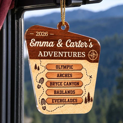 Personalized Acrylic Ornament with Park Map Trail, Compass & Pines, Unique Travel Gift for Couples