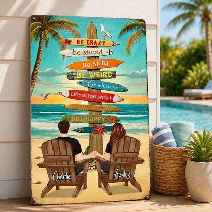 Personalized Rectangular Iron Sign With Holding Hands Beach Couple, Unique Gift for Summer Decor