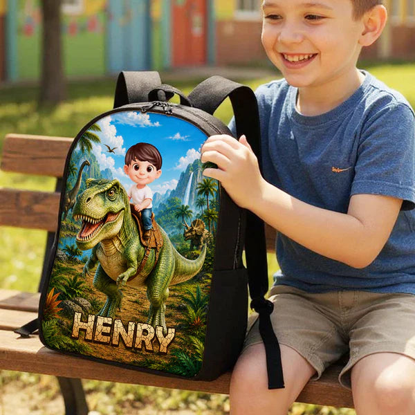 Personalized Kids School Backpack, Child Riding T-Rex Jungle Art, Unique Gift for Boys & Girls