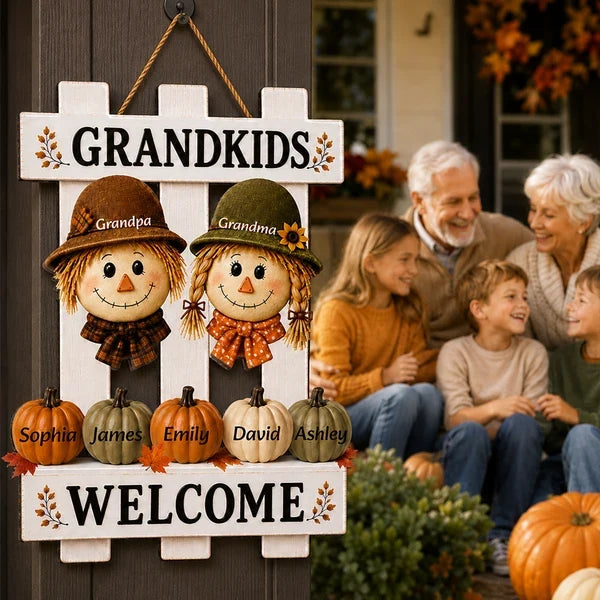 Grandkids Welcome Personalized Wooden Sign, Cute Autumn Door Decor, Creative Family Gift for Grandparents