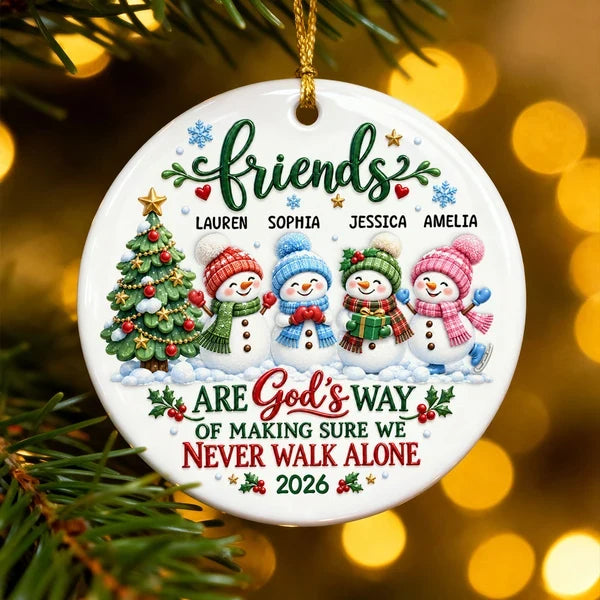 Personalized Ceramic Ornament, Snowman Friends by a Christmas Tree, Unique Gift for Best Friend