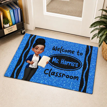 Standard Doormat, Classroom Welcome with Cartoon Teacher Holding Book, Creative Gift for Teacher Entryway
