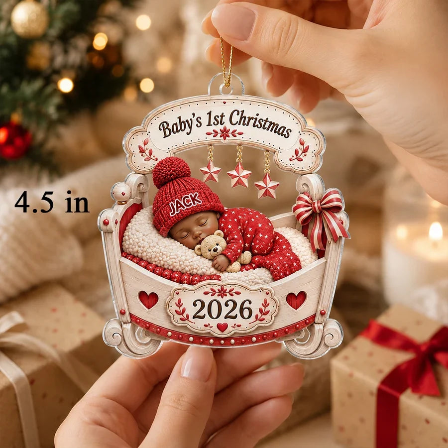 Baby's 1st Christmas Acrylic Ornament, Pink Sleeping Baby in Cradle, Heartwarming Creative Gift for Family