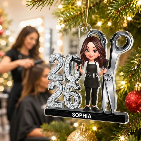Personalized Acrylic Ornament, Stylist Holding Salon Tools, Creative Gift for Hairdressers and Christmas Tree Decor