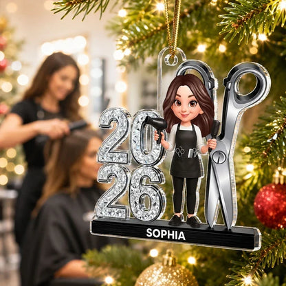 Personalized Acrylic Ornament, Stylist Holding Salon Tools, Creative Gift for Hairdressers and Christmas Tree Decor