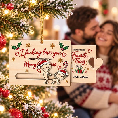 Personalized Wooden Sliding Ornament, Playfully Posing Cartoon Couple, Unique Christmas Gift for Partner