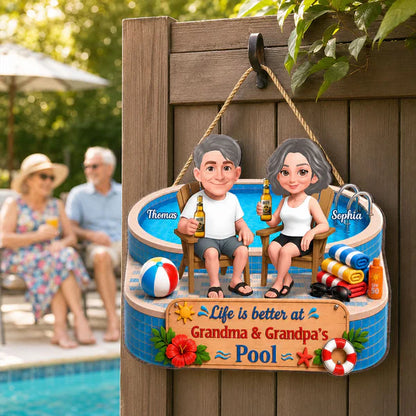 Personalized Wooden Sign, Cartoon Grandparents by the Pool, Unique Creative Gift for Grandma & Grandpa