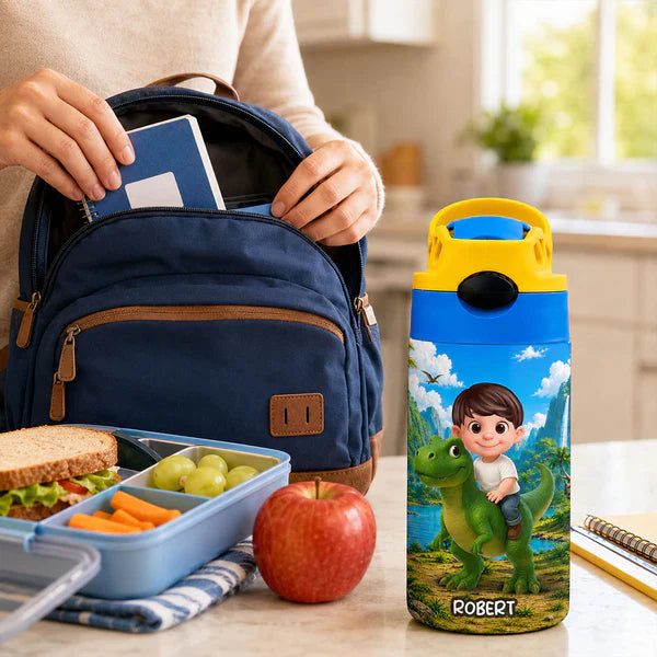 Personalized Kids Water Bottle, Cartoon Child Riding Dinosaur, Unique Creative Gift for Kids at School