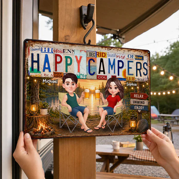 Personalized Rectangular Iron Sign, Happy Campers Couple Camping Gift, Unique Porch Decor