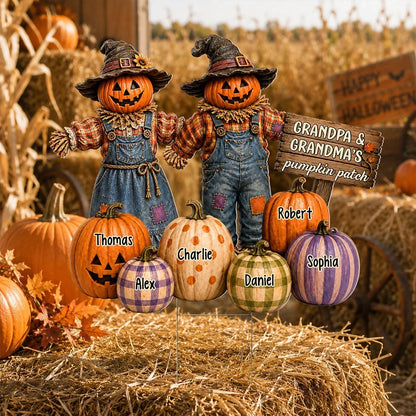 Personalized Shaped Yard Sign, Holding-Hands Pumpkin Scarecrows in Warm Fall Colors, Creative Gift for Grandparents