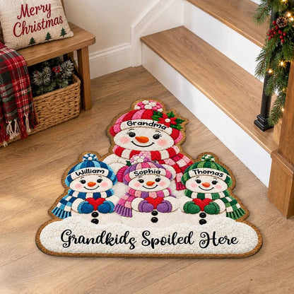 Personalized Shaped Doormat, Grandma and Grandkids Snowmen Christmas Decor, Unique Gift for Grandma