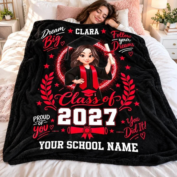 Personalized Dream Big Fleece Blanket, Graduate in Cap and Gown, Heartfelt Creative Gift for Daughter or Granddaughter