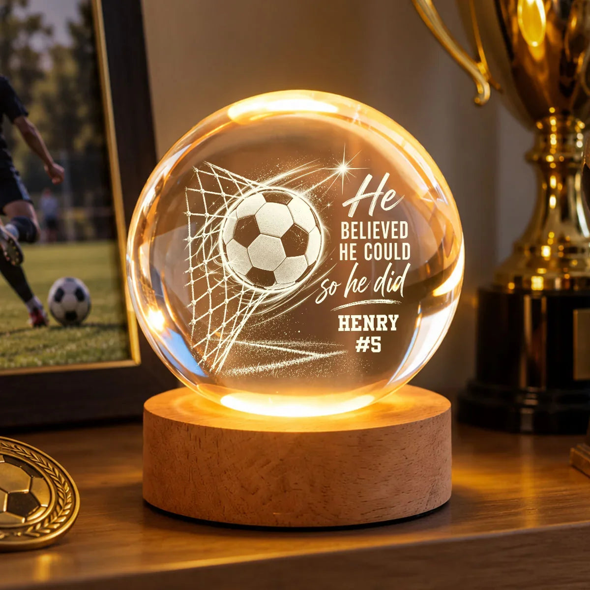 Personalized Globe Lamp, Soccer Ball in Goal With Motivational Quote, Unique Gift for Soccer Player