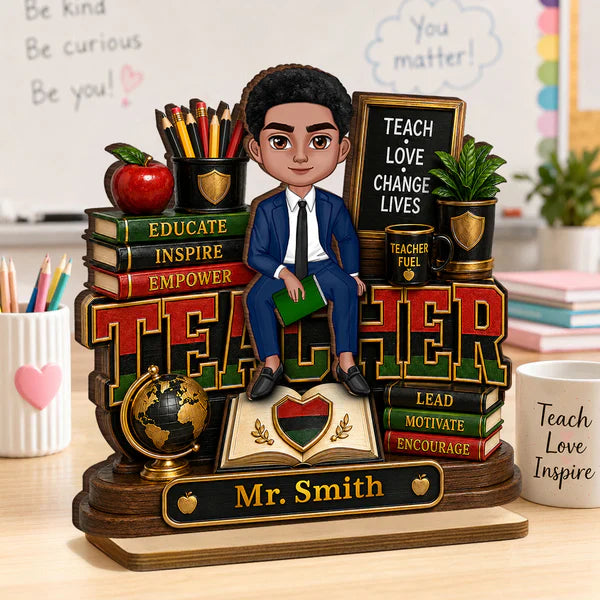 Personalized Wooden Plaque for Teacher, Sitting Classroom Illustration, Unique Creative Gift for Educators